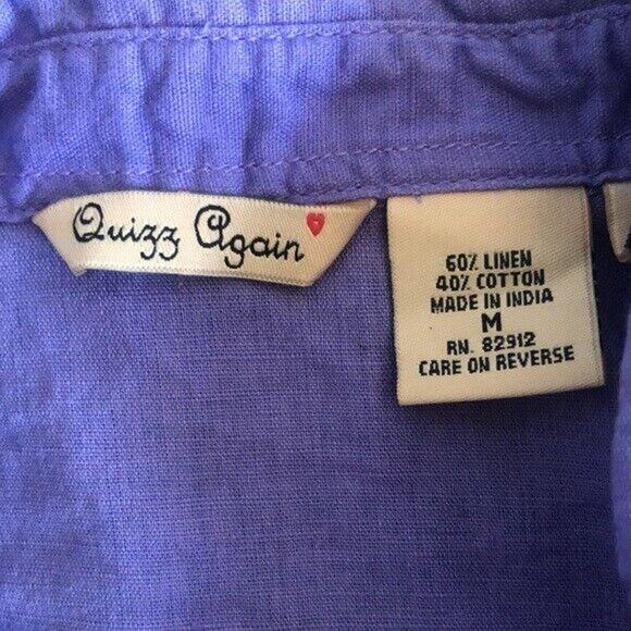 Quizz Again Linen Blend Vtg Y2K Button Front Floral Embroider Short Sleeve Top M - Picture 3 of 6